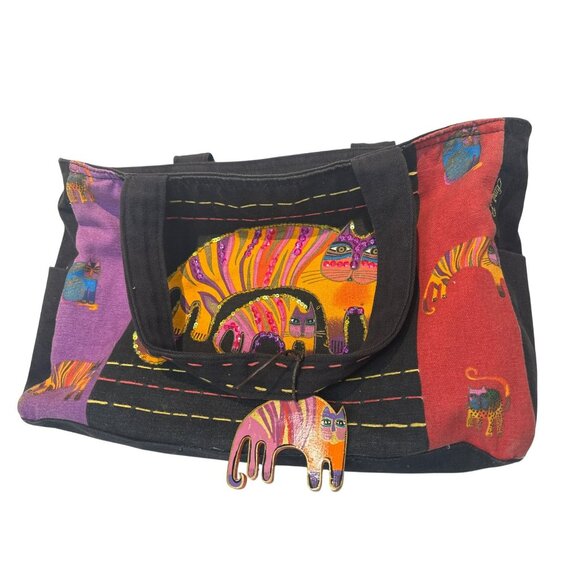 Laurel Burch Cat Print Tote Bag With Zippered Top & Interior Pocket Bag Charm - Picture 1 of 8